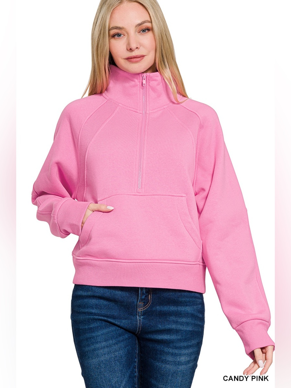 Zenana Candy Pink Fleece Half-Zip Kangaroo Pocket Sweatshirt